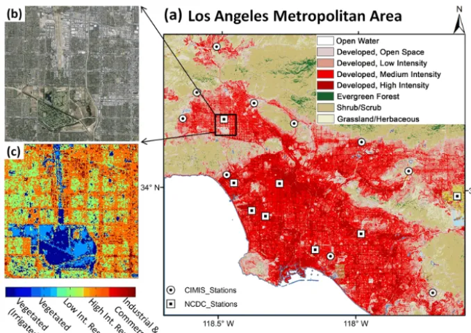 Figure 1. (a) NOAA C-CAP land cover map of the Los Angeles metropolitan area including study domain, 10 CIMIS stations (white circles),and 8 NCDC stations (white squares); (b) Google image of the study domain; and (c) the Noah-UCM urban land cover classiﬁcation of thestudy domain.