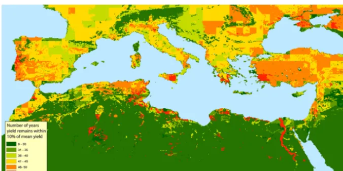 Figure 7. The stability of yields over time. The map shows in how many years the total annual yield in each cell remains within 10 % of theaverage yield for the same cell calculated over 52 years of climate forcing