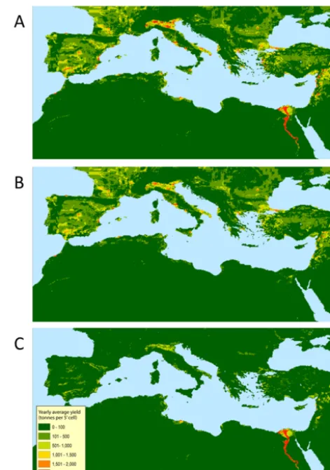 Figure 2. Average cereal yield (tonne per 5′ cell). (a) Average cerealyield in tonnes per 5′ cell, calculated in PCR-GLOBWB and basedon 52 years of climate forcing