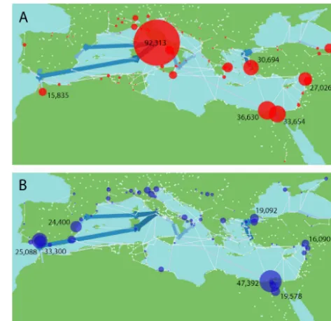 Figure 4. Virtual water imports and exports (tonne grain year−1).The relative amount of VW imported (a) and exported (b) fromeach node is illustrated by the size of the nodes, whilst the associ-ated numbers show the average VW imported or exported each yea
