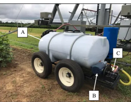 Figure 1. Custom designed trailer apparatus with 1250-liter tank (A), motor (B), and roller pump (C) attached to linear-move irrigation system