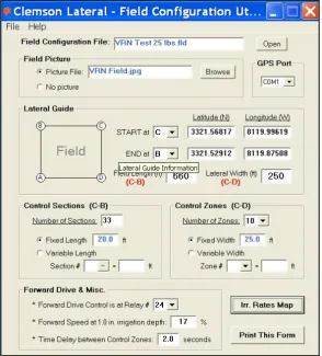 Figure 4. Clemson Variable Rate Irrigation (VRI) field configuration utility setting screen, used for VRN