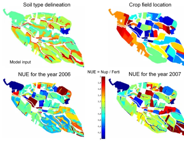 Figure 9. Soil and crop-ﬁeld map used in TNT2 (top). Spatial NUEs for the years 2006 and 2007 (bottom left and right, respectively)