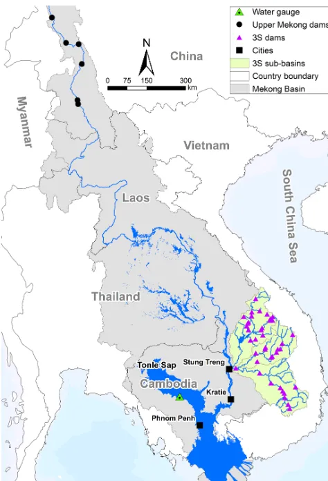 Figure 1. Map of the Mekong Basin highlighting its ﬂoodplainsand dams in the deﬁnite future (black dots) and 3S developmentscenarios (violet triangles)