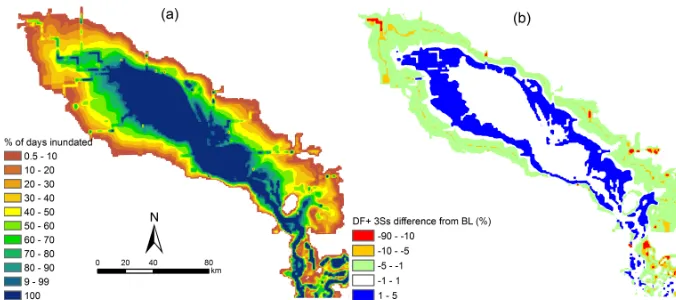 Figure 7. Maps representing the duration of ﬂooding during the 15-year simulations: (a) shows the baseline (BL) ﬂood duration map aspercentage of total simulation time, while (b) shows the difference in ﬂood duration between the combined deﬁnite future and