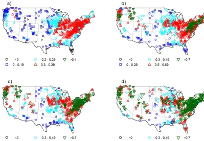 Figure 4. Linear correlation for streamﬂow: average of correlation withand (a) all 638 stations, (b) nearest 30 neighbors, (c) nearest 15 neighbors, (d) nearest 5 neighbors.