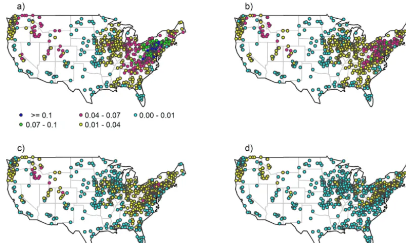 Figure 5. Degree centrality for four correlation thresholds: (a) 0.70, (b) 0.75, (c) 0.80, and (d) 0.85.