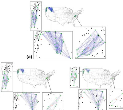 Figure 7. Links in streamﬂow network for threshold (a) T = 0.75; (b) T = 0.80; and (c) T = 0.85