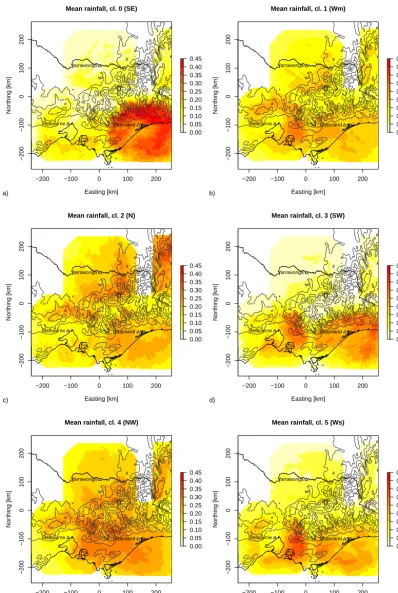 Figure 6. Conditional mean 10 min rainfall accumulations for ﬂow regimes (a) SE, (b) Wm, (c) N, (d) SW, (e) NW and (f) Ws.