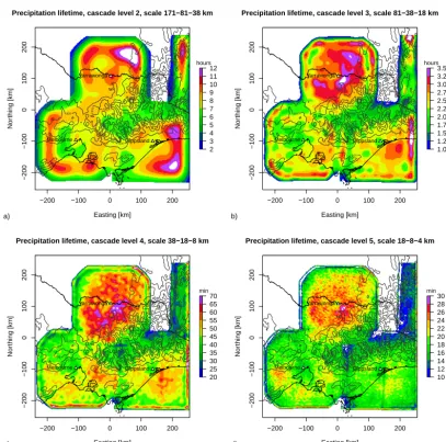 Figure 3. Spatial distribution of the precipitation lifetimes for the four middle cascade levels