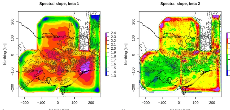Figure 4. Spatial distribution of the spectral slopes (a) β1 and (b) β2 derived by assuming the scaling of the standard deviation of the cascadelevels.
