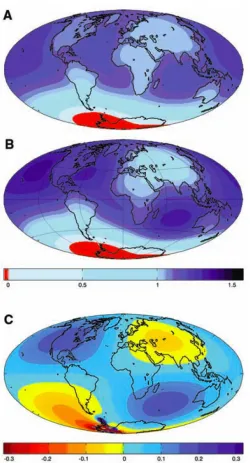 Figure 2.2 - Sea-level changes in response to the collapse of the western Antarctic ice sheet by using A) a standard sea-level theory and B) sea-level theory incorporating rotational feedback effects