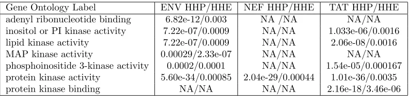 Table 2.2: Here we show Gene Ontology molecular function level 5 labels statisticallyenriched (p-value < 0.01) on human proteins from our predicted virus-host interactions(HHP) for HIV ENV, NEF, and TAT