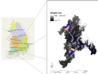 Figure 4. Location of the selected river basin, including elevation and rivers.
