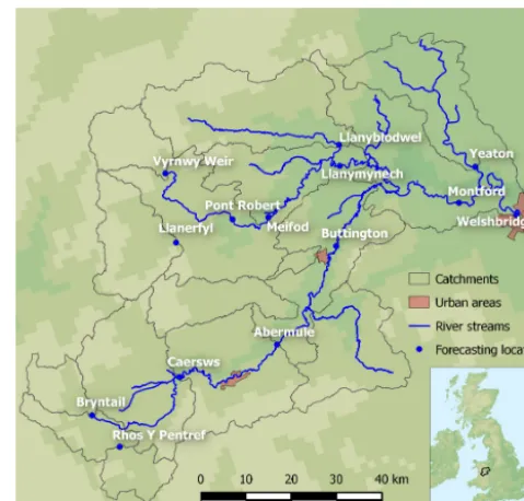 Figure 1. The upper Severn Basin including the 14 forecastinglocations used in the present study