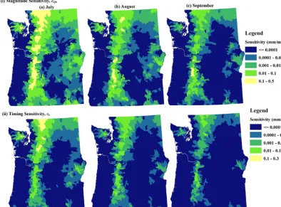 Figure 8. Spatial distribution of (a) July, (b) August and (c) September streamﬂow sensitivities to a change in (i) magnitude εQo (mm mm−1)and (ii) timing εt (mm day−1) of recharge.