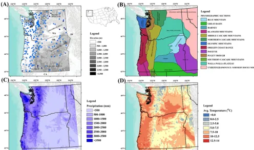 Figure 1. (a) Study domain and selected stream gages (and geomorphic history;time series comparisons of rain, snowmelt, and streamﬂow;n = 227; all circles) in Oregon and Washington used to calculate k