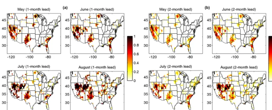 Figure 3. (a) The 1-month and (b) 2-month lead drought probability predictions for May–August 2012 for SSI6 < −0.8.