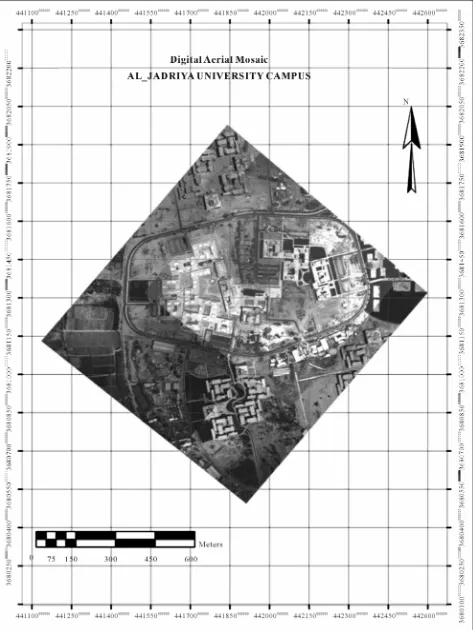 Figure 3. Matching the mosaic of eight digital Arial photos of Baghdad University site by using ERDAS LPS software