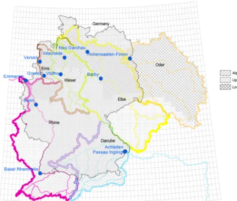 Figure 1. Study area: delimitation of the basin boundaries of theRhine, Danube, Elbe, Weser, Oder, and Ems basins and subdivi-sion into alpine, upland, and lowland