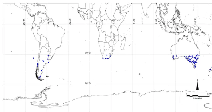 Figure 1. Location of 73 monthly rainfall stations used in this analysis (blue circles).