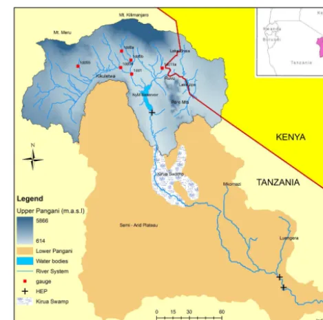 Figure 1. Overview of entire Pangani River basin and the upperPangani River basin.