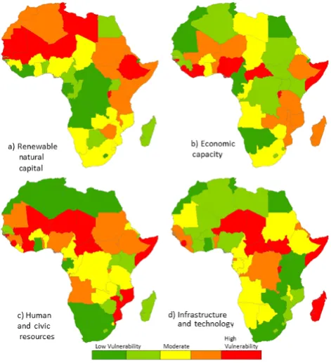 Fig. 9. Four components of the drought vulnerability index (DVI);and Civic Resources and(a) Renewable Natural Capital, (b) Economic Capacity, (c) Human (d) Infrastructure and Technology