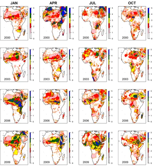 Fig. 6. Month by month evolution of droughts in 2000, 2003, 2006 and 2009 according to grid cells with SPI-3/SPEI-3 computed usingERA-I GPCP, and TRMM below −1.0