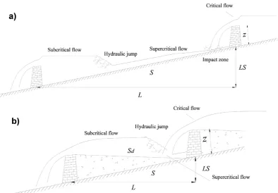 Fig. 1. Sketch of the main hydraulic features and geometric variables after check dam construction,situation