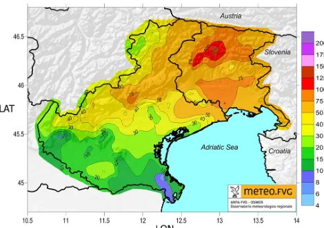 Figure 3. 24 h accumulated precipitation (color bar in mm) for12 September 2012, obtained from hourly raingauge data analyzedwith the natural neighbor method: 163 stations in the Veneto re-gion (ARPAV) and 111 stations in the Friuli Venezia Giulia region(O