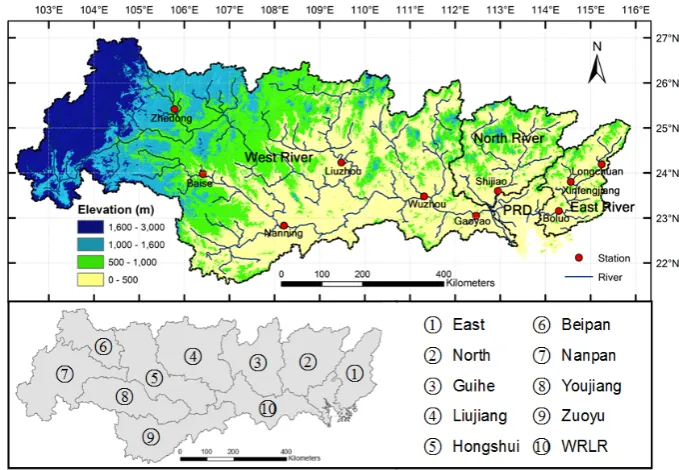 Fig. 1. The Pearl River basin in southern China, gauge stations, and 10 sub-basins (after Niu, 2013).Fig