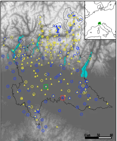 Fig. 1. Observing stations providing rainfall annual maxima inLombardy’s orography. Lakes are shaded in cyan
