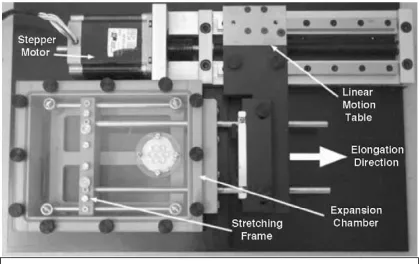 Figure 2.1:  Axon stretch‐growth device.  Integrated axon tracts in the stretching frame are mechanically separated in a controlled manner by the computer‐controlled micro‐stepper motor system. 