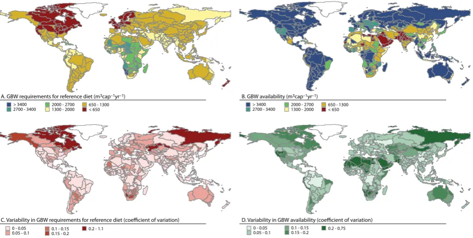 Fig. 1. Green-blue water (GBW) requirements for reference diet and GBW availability. (A) Average GBW requirements over 30 yr climaticperiod; (B) average GBW availability over 30 yr climatic period; (C) variability in GBW requirements measured with coefﬁcient of variation(CV); and (D) variability in GBW availability measured with CV.