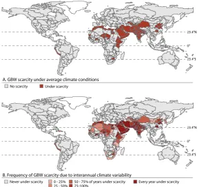 Fig. 2. Green-blue water (GBW) scarcity mapped by FPUs.Equator (0practices (year 2000 situation) but varying climate over the period of 1977–2006, in order to isolate the impact of climate variability on GBW (A) GBW scarcity under average climate condition