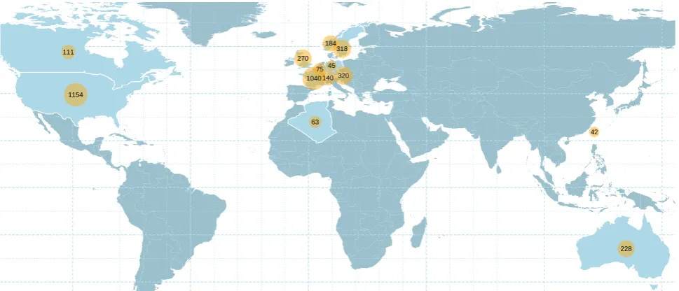 Fig. 2. Map showing locations of catchments reported in the Supplement. Size of symbol is proportional to numbers of catchments from thecorresponding country.