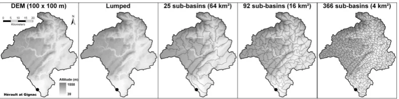 Fig. 4. Examples of lumped and semidistributed catchment discretizations (with unit sizes of 64, 16 and 4 km2  2) for the Hérault catchment atGignac (1430 km2).