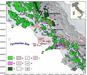 Fig. 1. Map of the karst aquifers of the southern Apennines. Key to symbols: (A) limestone and dolomitic limestone units of the carbonateplatform series (Jurassic-Paleogene); (B) dolomitic units of the carbonate platform series (Trias-Liassic); (C) calcareous-marly units of theouter basin series (Trias-Paleogene); (D) pre-, syn- and late- orogenic molasses and terrigenous units (Cretaceous-Pliocene); (E) volcaniccenters (Pliocene-Quaternary); (F) alluvial and epiclastic units (Quaternary); (G) main basal springs of karst aquifers; (H) basal karst springsconsidered in the hydrological budget (a and b: Maretto and Torano; c: Salza Irpina; d and e: Serino; f: Baiardo; g: Cassano Irpino; h: Sanità;i: Avella; l: Ausino-Ausinetto); (I) hydrogeological boundary and identiﬁcation number of the karst aquifers; (L) hydrogeological boundaryand identiﬁcation number of the karst aquifers considered for the hydrological budget.