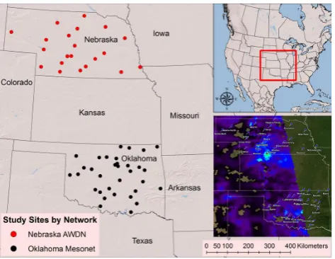 Fig. 1. Soil moisture stations from the Nebraska Automated Weather Data Network and Weather Data Network and Oklahoma Mesonet that are used in thisstudy