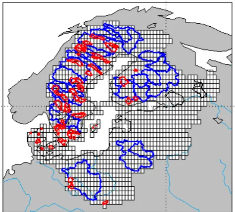 Figure 1. Map of the Baltic Sea drainage basin as shown by 0.5 degree STN-30p global grid basins shown by lines