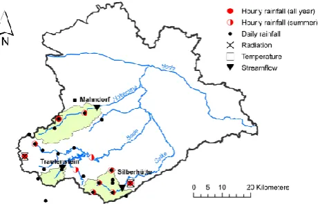 Fig. 6. Study area with the three selected catchments, precipitationstations, climate stations and stream ﬂow gauges.