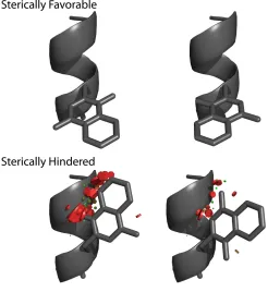 Figure 3.1. 
   Likely helix rotamers of Naq. Steric conflicts are shown as red cylinders as generated by Pymol