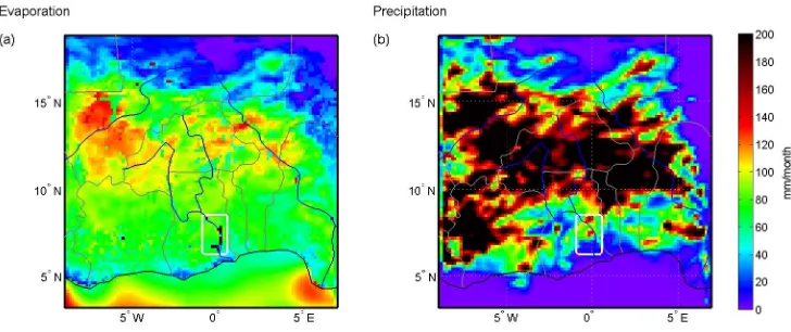 Fig. 2. Vertical ﬂuxes in August 1998 according to the MM5 model run.of the Lake Volta tagging region is 85 mm monththe Lake Volta tagging region is 62 mm month (a) evaporation, and (b) precipitation