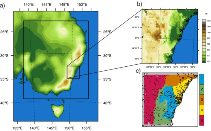 Fig. 1. (a) Topography and location of all domains of the simulation, (b) topography and extension of the inner domain, and (c) location of|the stations (black dots) and the 5 different precipitation regions (colored areas) within the model domain.D i s c u s s i o n