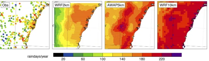 Fig. 2.Fig. 2. Annual mean number of rain days over the period 1990–2009 for stations, the WRF simulation at 2 km resolution, the AWAP data setand the intermediate WRF domain at 10 km resolution used to provide the boundary conditions