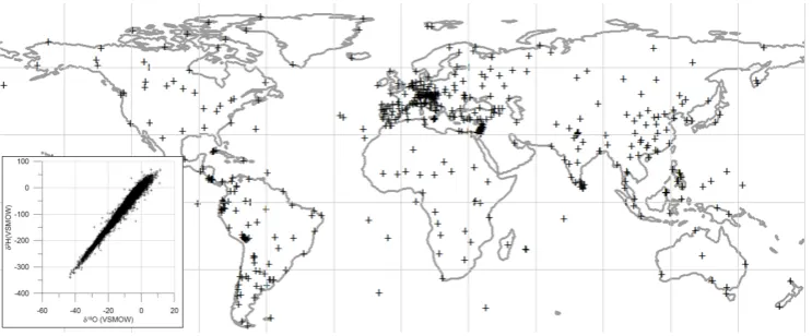 Fig. 1.Discussion PaperFig. 1. Global map of GNIP stations used for RCWIP modeling. All stations represented 2 to 52 yr of monthly Global map of GNIP stations used for RCWIP modelling