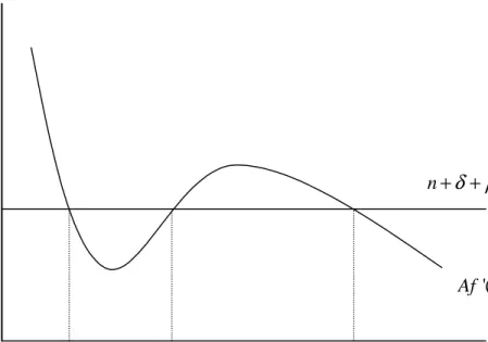 Figure 8:  Technologically induced multiple equilibria  n + + δ ρ '( )Af k k k L k I k H