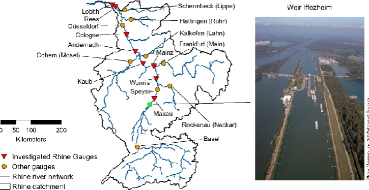 Fig. 1. Study area of the Rhine catchment with the river network and location of the major gauges.