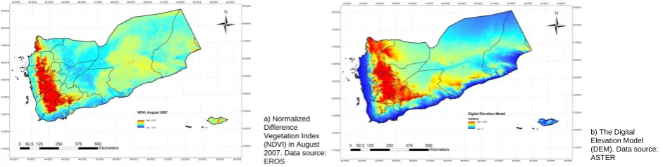 Fig. 3.  Precipitation totals estimated by TRMM 3B42(V7) for the years 1998–2006 (left) and 2007 (right).Figure 4 Vegetation index and digital elevation model 