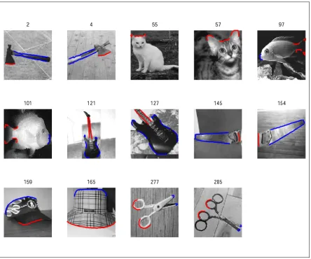 Figure 5.1 – Example images.  Image numbers are given.  All 7 categories (axes, cats, fish, guitars, handsaws, hats, and scissors) are represented